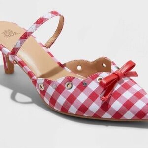 Red Gingham Pointed-Toe Kitten Heel with Bow Sz 8.5